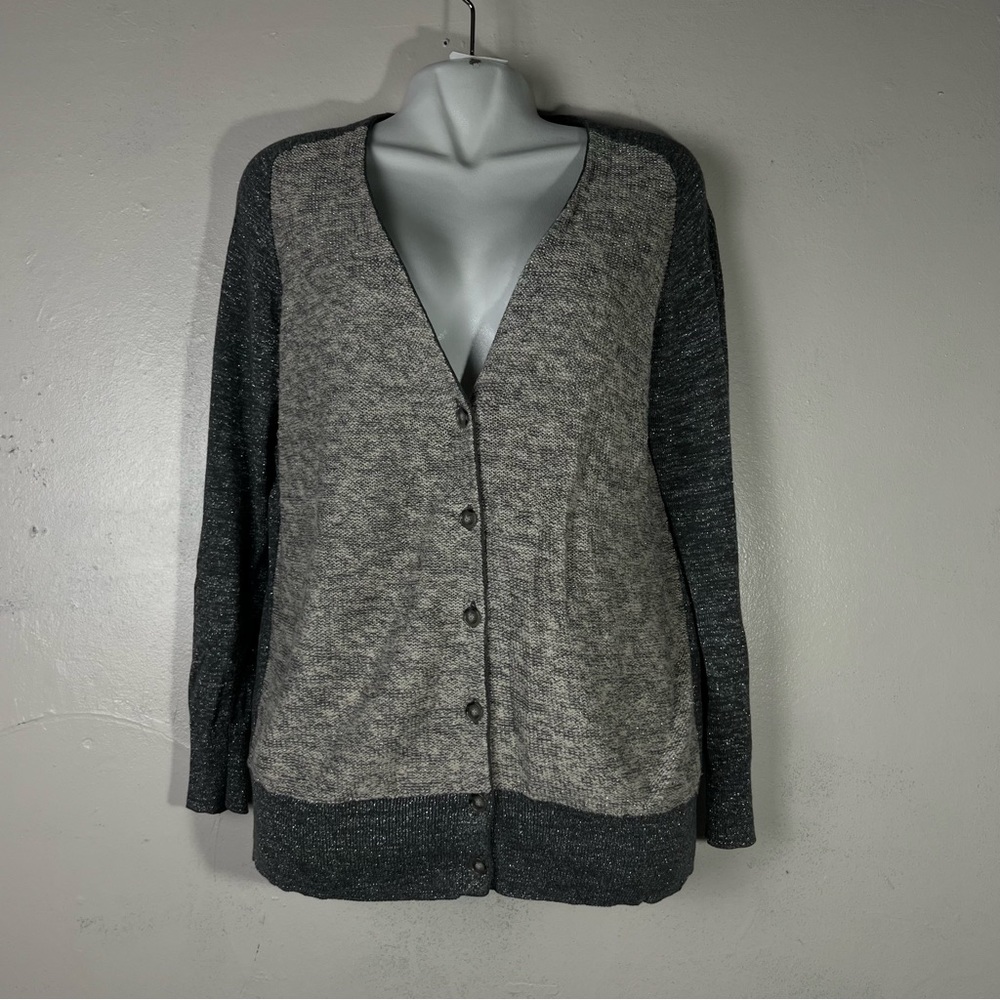 Loft women long sleeve‎ bottoms down gray glitter sweater cardigan size large